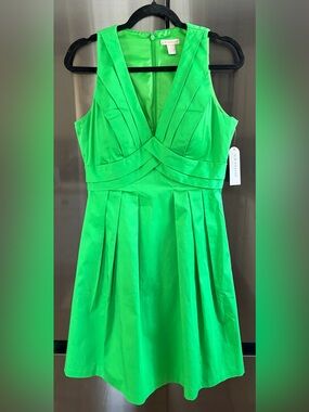 NWT Kim Rogers Kelly Green V-Neck Pleated Fit/Flare Dress Preppy Colorful Sz 8